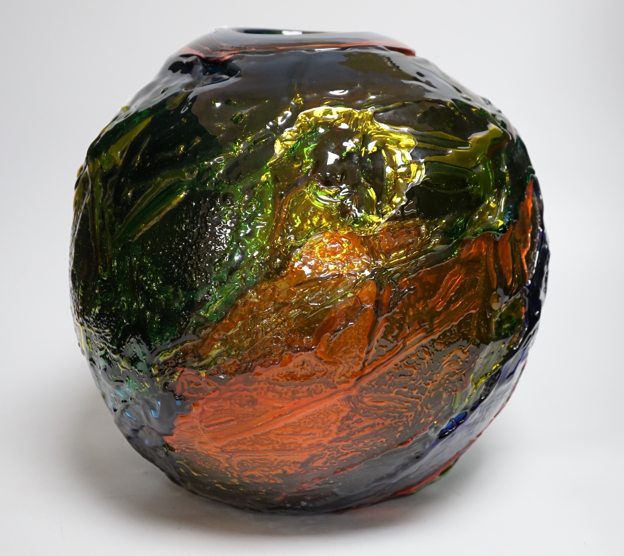 An Art Glass multi coloured, textured globular vase, signed Goedulenti, 32cm high